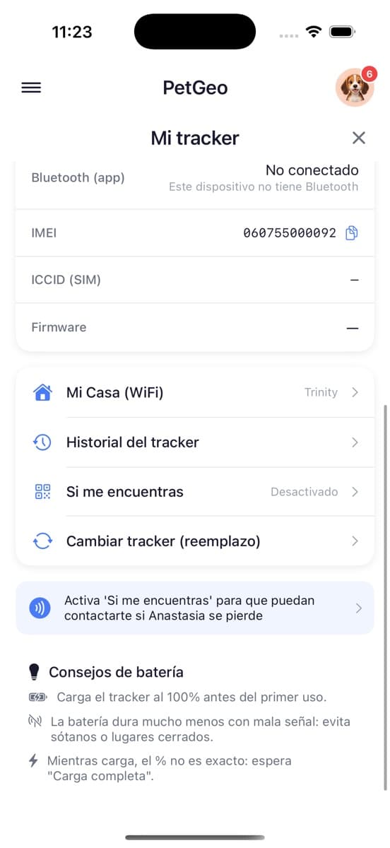 Mi tracker con la sección Si me encuentras