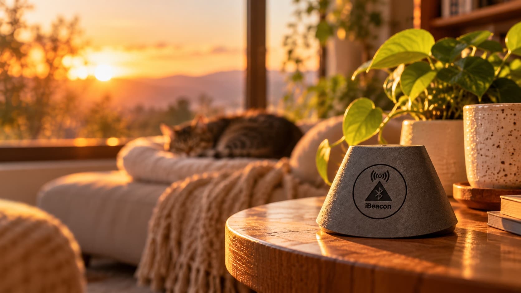 El Home Beacon sobre una mesa del living mientras un gato duerme junto a la ventana