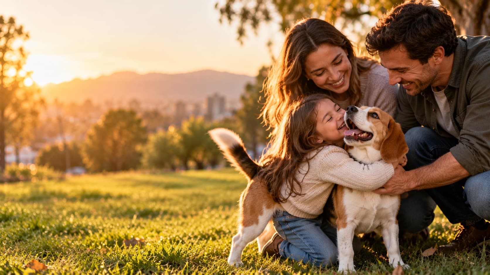 Una niña abraza a su perro beagle en un parque al atardecer junto a sus padres