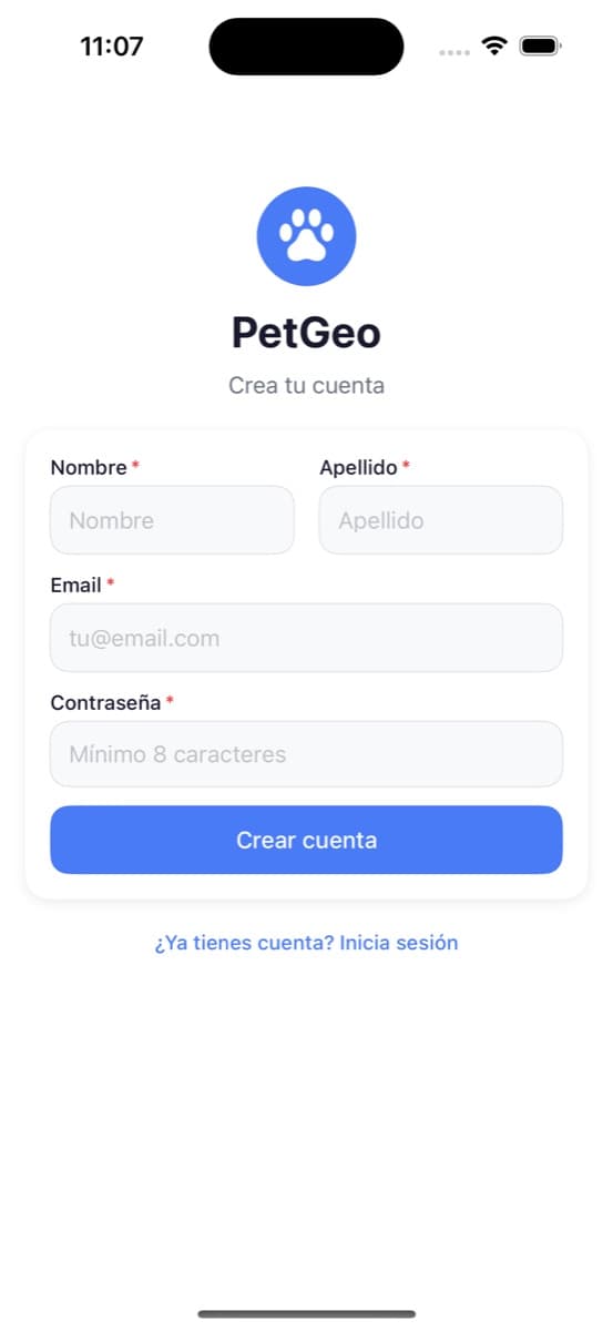 Pantalla para crear una cuenta en PetGeo