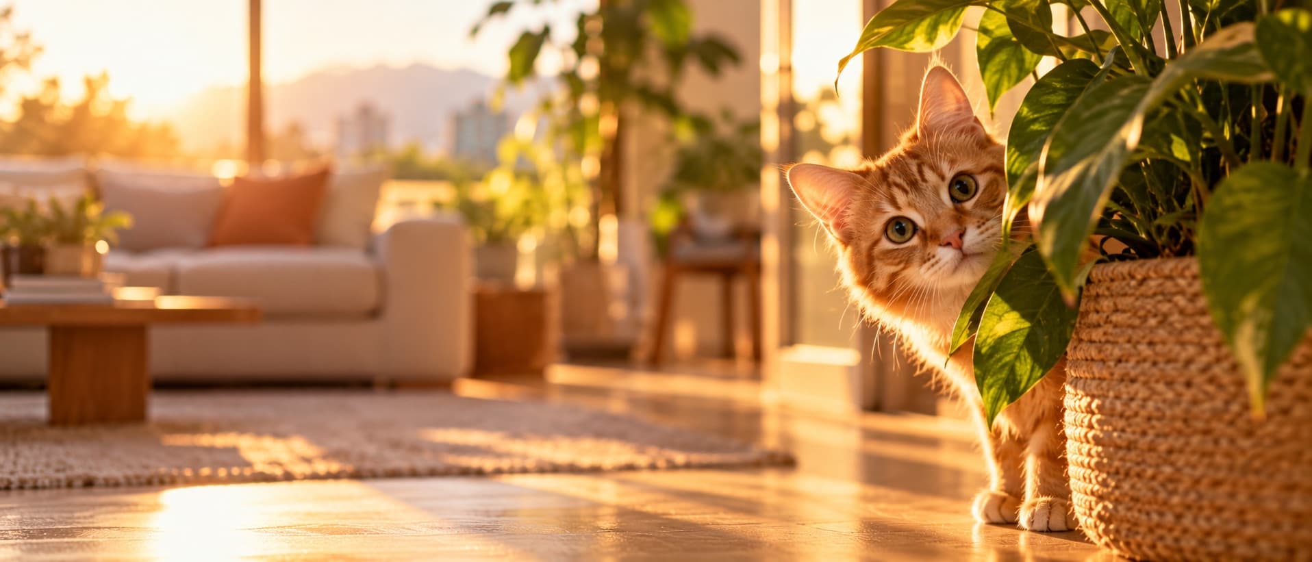 Un gato curioso asoma la cabeza detrás de una planta