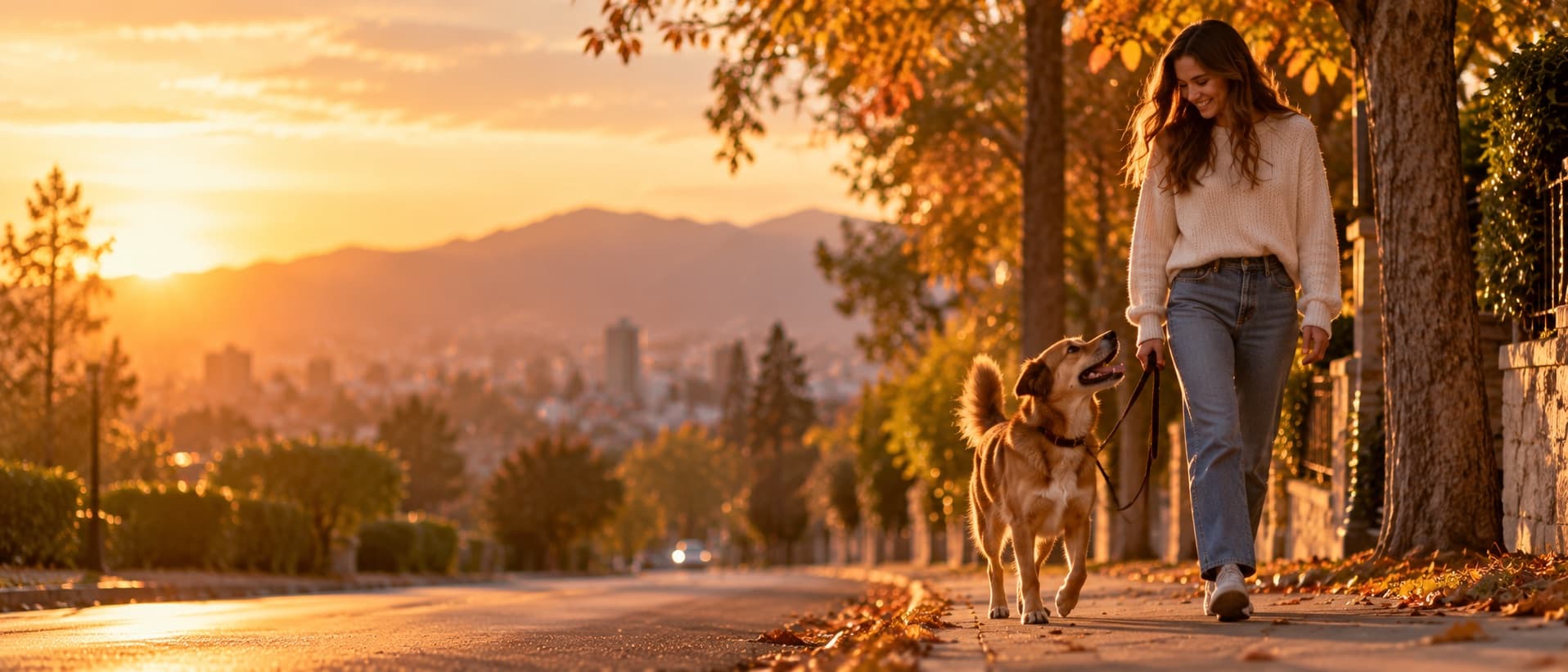Una persona pasea a su perro por la ciudad al atardecer