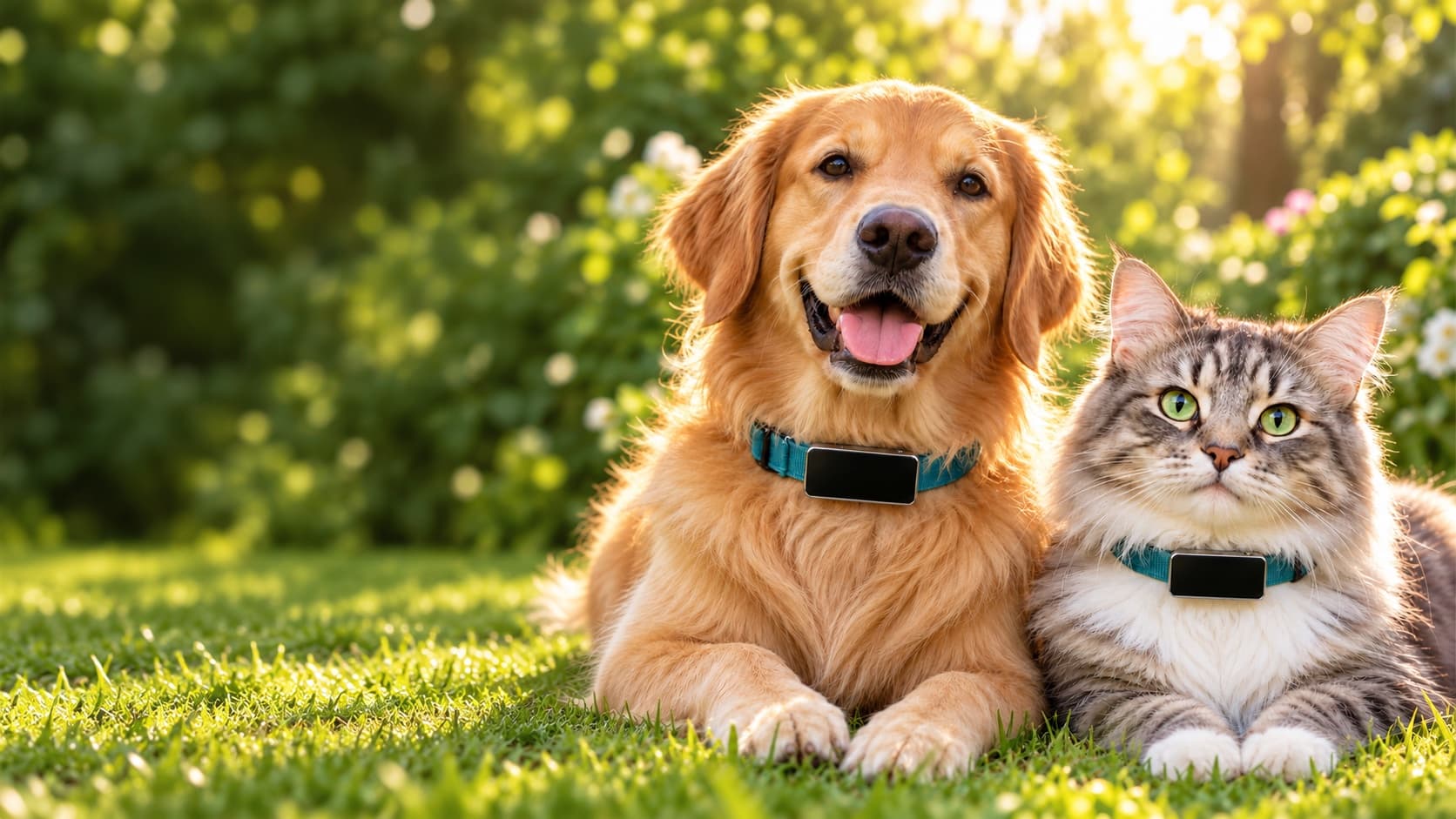 Un perro golden y un gato descansando juntos en el pasto, cada uno con su PetGeo Tracker en el collar
