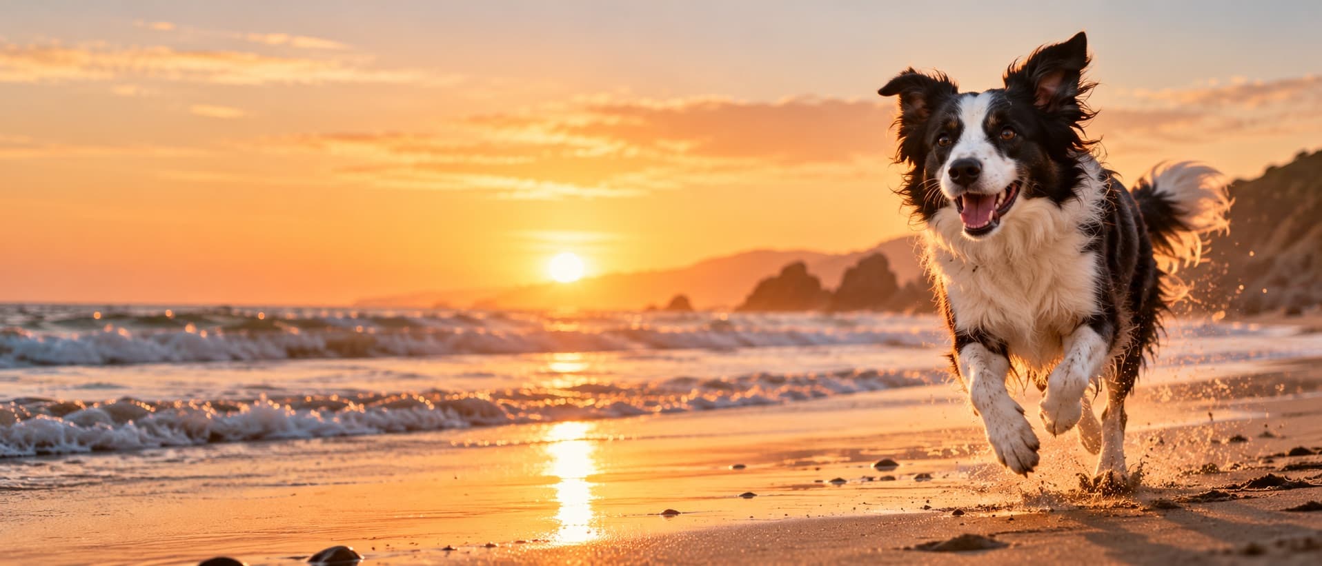 Un border collie corre feliz por la playa al atardecer